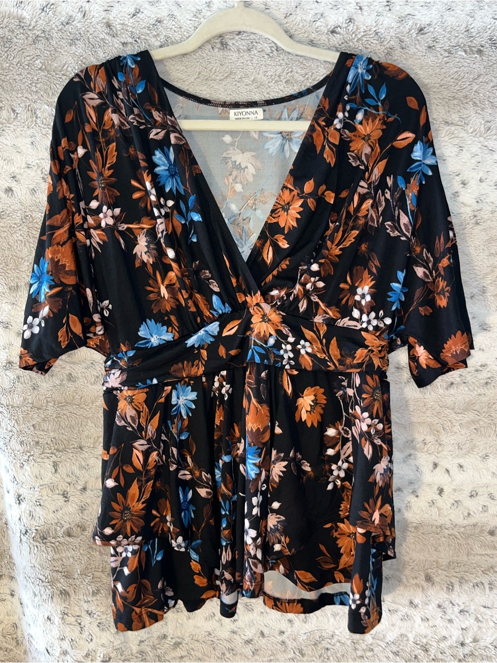 Kiyonna Encore Print Peplum Top 1X Midnight Asters Floral Wrap V-Neck USA Made